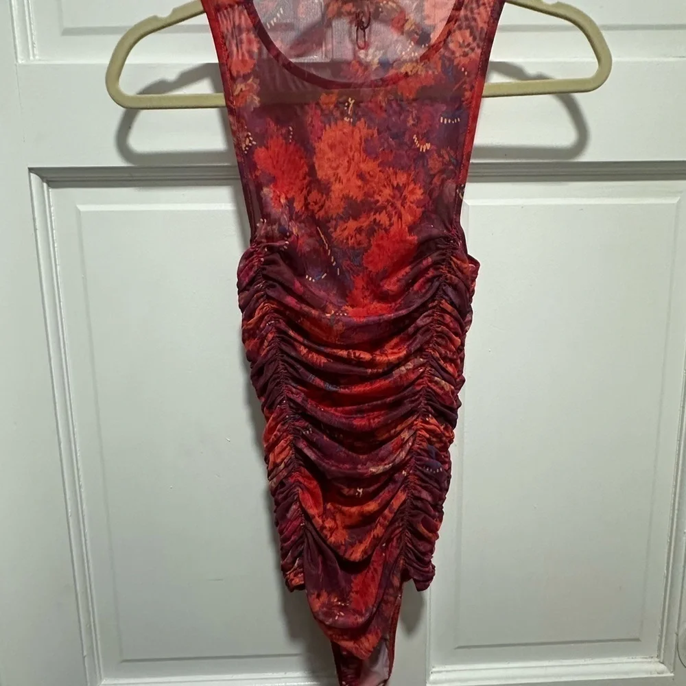 Free People Red Floral Mesh Bodysuit Size XS NWOT
